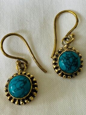 New Dainty Brass & Reconstituted Turquoise Dangle and Drop Earrings